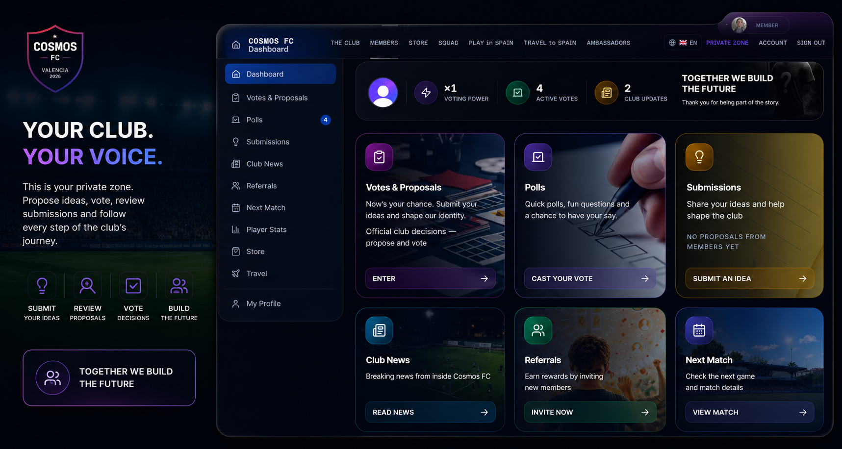 Cosmos FC private zone dashboard